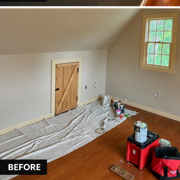 Before: room mid-prep with drop cloths and painting supplies