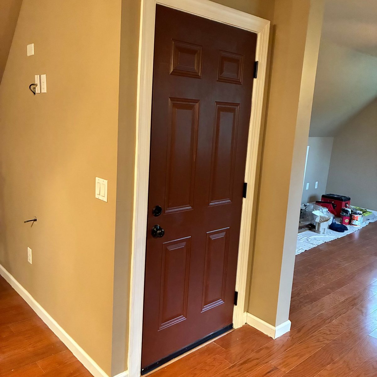 Freshly painted deep red-brown door with crisp white trim in a hallway